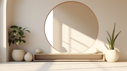 Luxury Interior Design of a Living Room with a Huge Circular Mirror. Generative AI.	