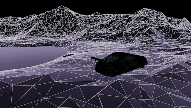 3D animation of a sports car driving off-road across a rocky lunar like landscape with a jump and lake, black and grey render