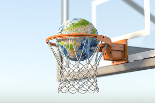 Basketball hoop with a ball in form of platen Earth.  World basketball concept.