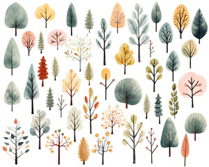 Collection of watercolor scandinavian trees. Cute abstract colored trees. Trendy scandi vector plants. - obrazy, fototapety, plakaty