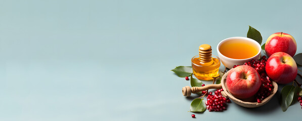 Composition with ripe fruits and bowl of honey on light background. Rosh hashanah (Jewish New Year) celebration