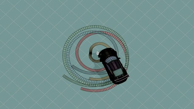 3D animation of a sports car doing a donut in black and blue iridescent render, aerial view