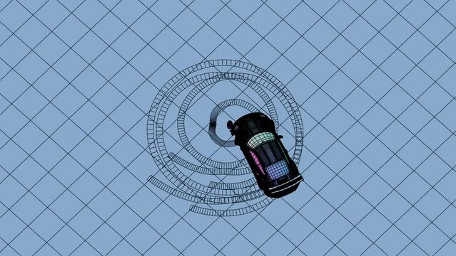 3D animation of a sports car doing donut spins in black and blue render