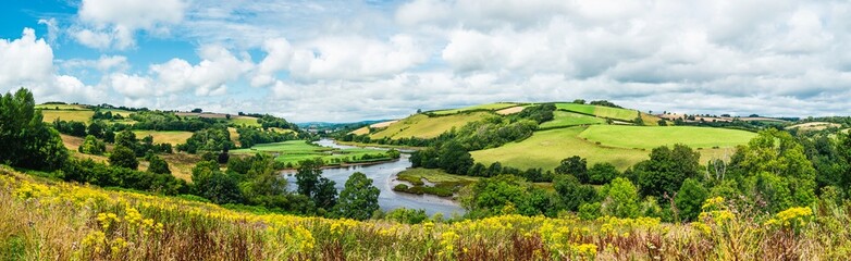 Sharpham Meadows and Marsh over River Dart from a drone, Totnes, Devon, England, Europe