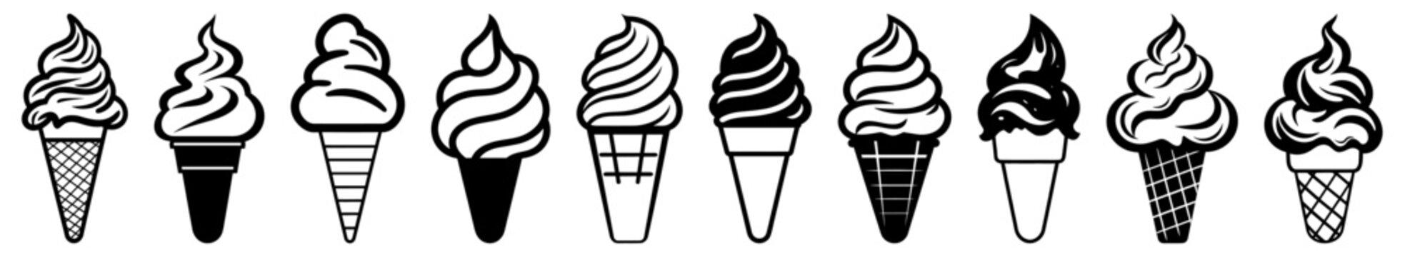 Soft ice cream cones vector silhouettes collection