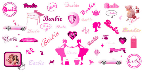 A large set of Barbie lettering, stamps, silhouettes of Barbie, car for Barbie isolated on a white background