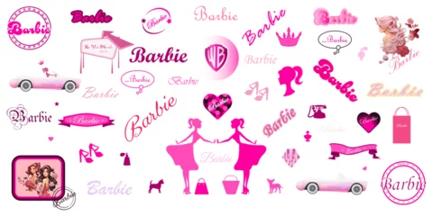 Foto op Plexiglas Auto cartoon A large set of Barbie lettering, stamps, silhouettes of Barbie, car for Barbie isolated on a white background