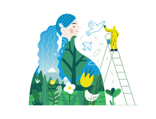 Greenery, ecology -modern flat vector concept illustration of a man painting a mural of a woman, composed with landscape. Metaphor of environmental sustainability and protection, closeness to nature