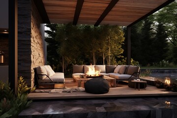 Ultra Luxurious Garden with some Armchairs and a Fire on the Middle.