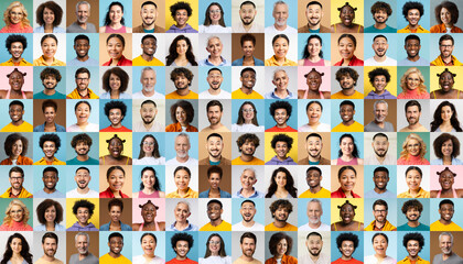 Large collage, portrait of multiracial smiling different business people. A lot of happy modern people faces in mosaic collection. Successful business, team, career, diversity concept - obrazy, fototapety, plakaty