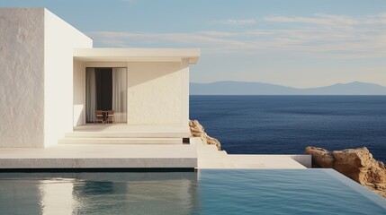 Fototapeta na wymiar A Professional Shot of a White House near the Sea in the Greece Style. Santorini.