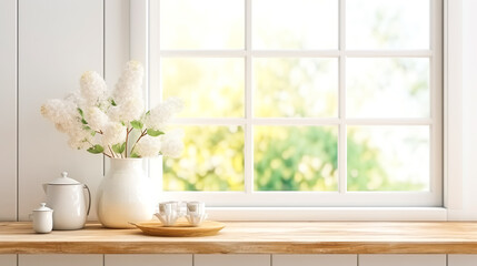 Selective focus.cozy counter bar kitchen wall window or living room with interior decoration.ai generated images