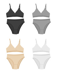 A set of basic underwear in different colors: black, gray, beige and white. Flat vector illustration
