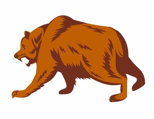Angry Grizzly Bear or North American Brown Bear About to Attack Side Retro Woodcut Style 