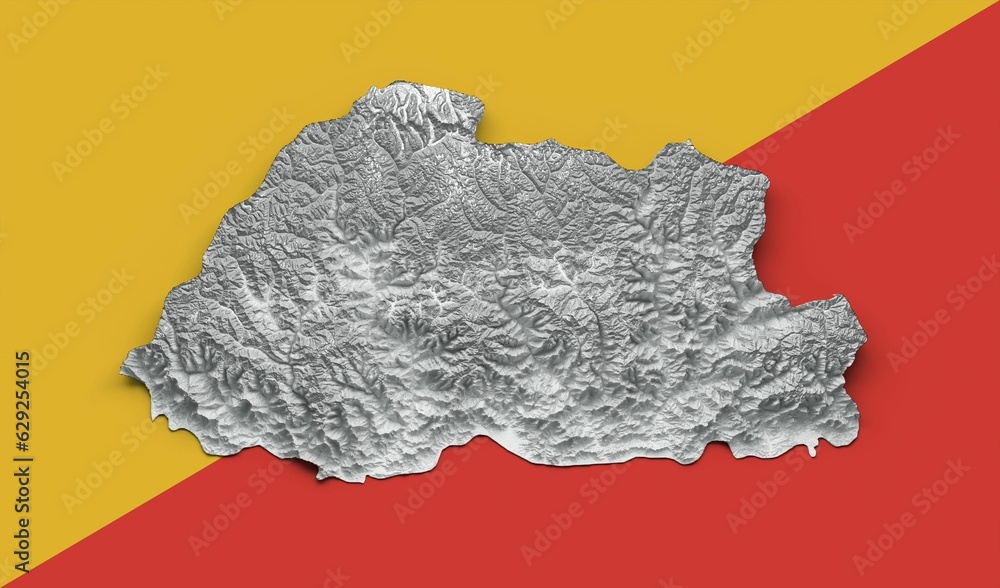 Poster of a map of made from foil on the backdrop of yellow and red flag