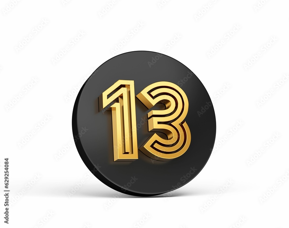 Wall mural 3d rendering of a black and gold button with the number thirteen.