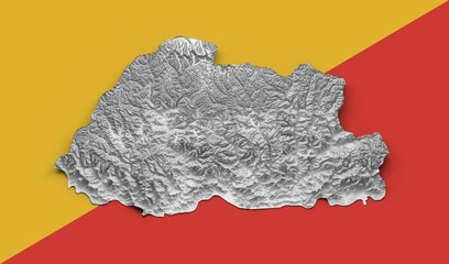 Of a map of made from foil on the backdrop of yellow and red flag