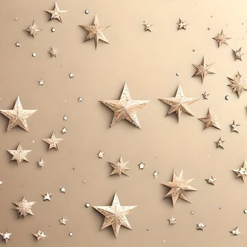 Fundo de f&eacute;rias de Natal e ano novo com estrelas douradas e confetes.  Vista do topo.  Postura plana