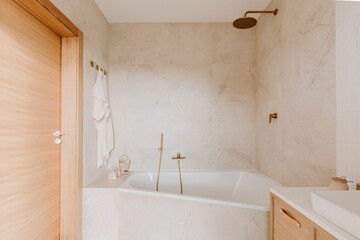 Elegant bathroom with white marble walls and wooden furniture, perfect minimalistic design