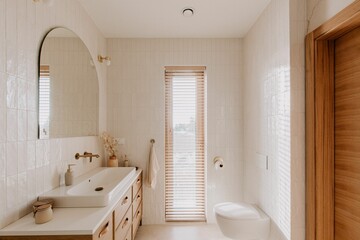 Elegant bathroom with white marble walls and wooden furniture, perfect minimalistic design