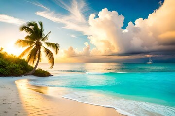 Fototapeta na wymiar Beautiful tropical beach with white sand, turquoise ocean on background blue sky with clouds on sunny summer day. Palm tree leaned over water