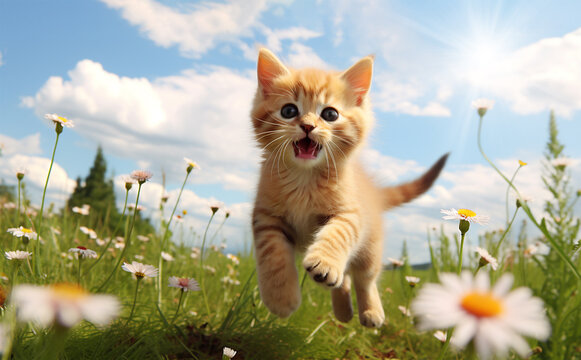 illustration of cat on the meadow, colorful flowers and rainbow in background. Created with Generative AI