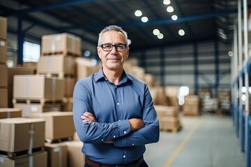 Portrait of an accountant in warehouse. Businessman standing in his fabric warehouse, looking at camera and smiling. - obrazy, fototapety, plakaty