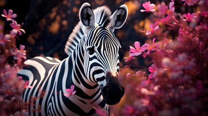 cute zebra hind behind flower bush, generative Ai