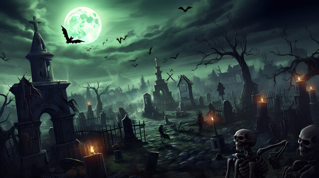 a haunted graveyard with tombstones that come to life. halloween