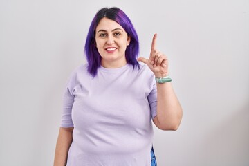 Obraz na płótnie Canvas Plus size woman wit purple hair standing over isolated background showing and pointing up with fingers number two while smiling confident and happy.