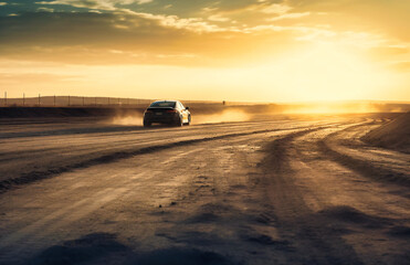 Fototapeta na wymiar a man driving on a race track at sunset