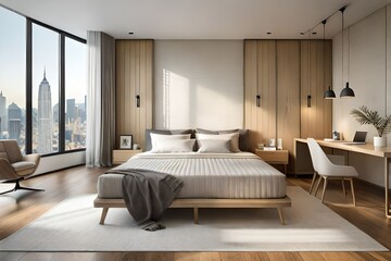  Interior of a cozy modern bedroom in light brown