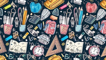 Back to school doodle seamless pattern. Hand drawn background with school supplies and creat