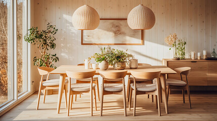 A warmly lit Scandinavian dining room with a focus on the table and artistic decor, boasting natural textures and pastel hues.