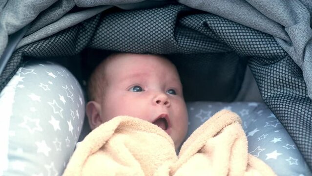 Cute newborn toddler resting in a baby stroller, close-up	