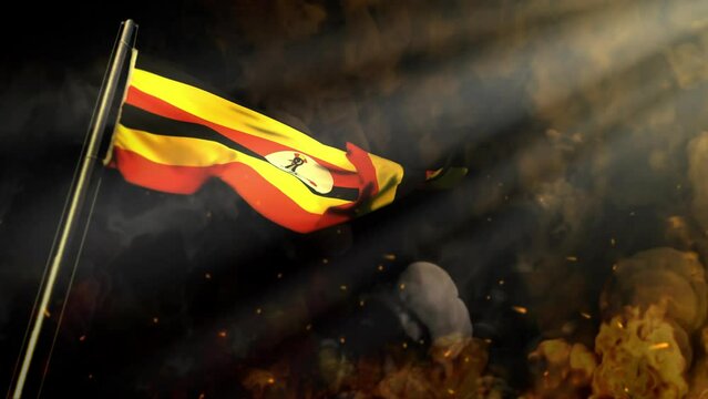 waving Uganda flag on smoke and fire with sun beams - crysis concept