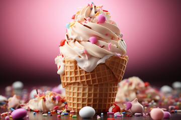 Close-up of melting milk cute ice cream in a waffle cone, isolated on a flat background with copy space. Creative concept for summer cold desserts. 3d render - obrazy, fototapety, plakaty