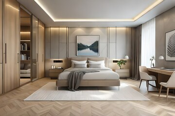  Interior of a cozy modern bedroom in light brown