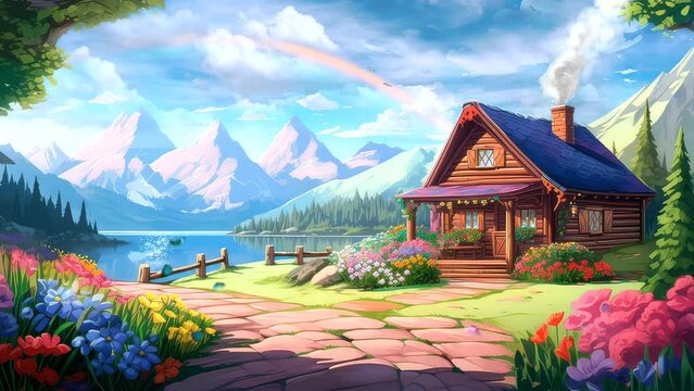 live wallpaper video background cartoon landscape background video beautiful view of paradise fantasy island with wooden house, rainbow, lake, mountain, wooden house footage