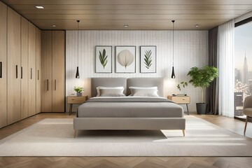 Obraz na płótnie Canvas Interior of a cozy modern bedroom in light brown