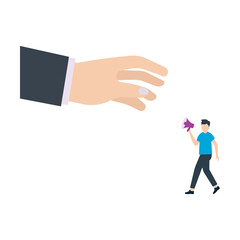 Fototapeta na wymiar Businessman shouting megaphone to huge hand, vector illustration