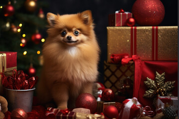 Fototapeta na wymiar Cute happy dog sitting on background of Christmas tree with illuminated lights. A holiday for pet. Adorable spitz dog in festive room with decorations and presents.