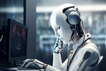 white humanoid robor working at a computer in a corporate office building