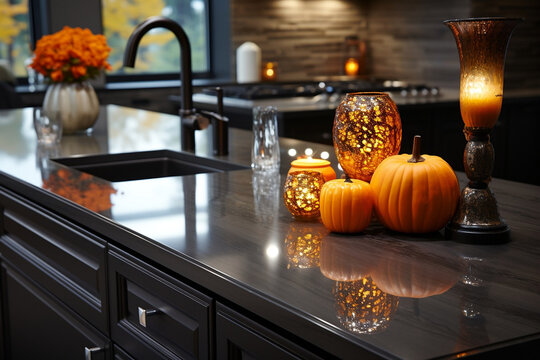 kitchen interior autumn decoration, Halloween, pumpkin, kitchen island countertop, modern kitchen, fall season decor, copy space, banner