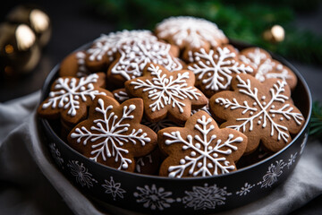 Decorated icing gingerbread cookies in festive plate. Christmas treat.