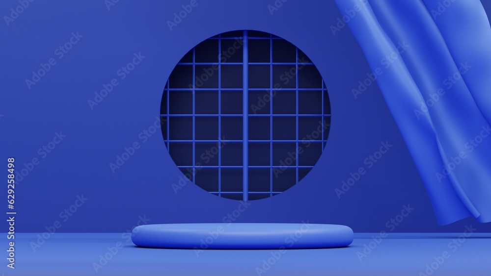 Poster minimal blue background with empty podium display, luxury pedestal for branding and product placemen