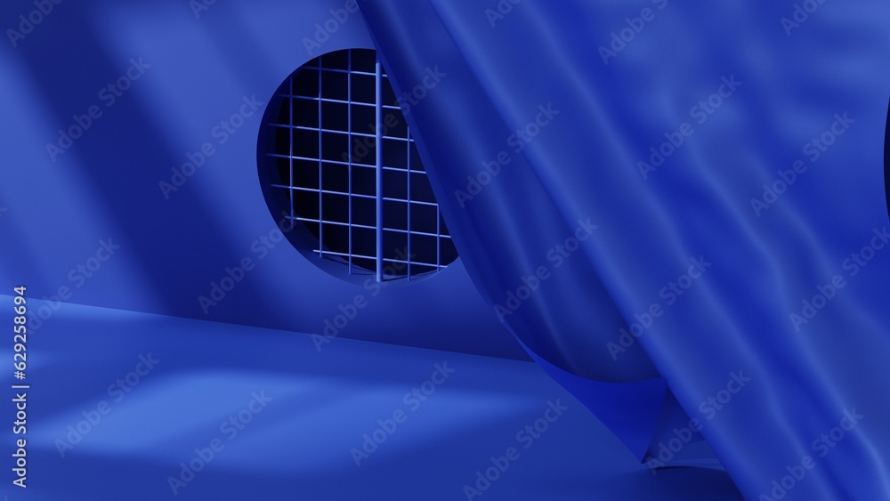 Poster minimal blue background with empty room display, luxury pedestal for branding and product placement,