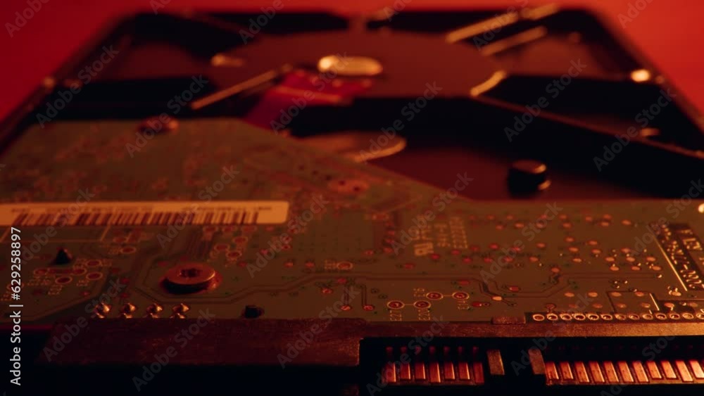 Aufkleber closeup of the hard disk drive mechanism on blurred background illuminated with red lights