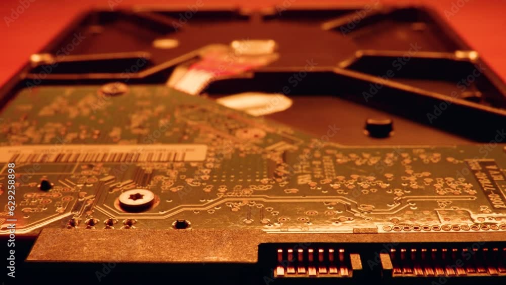 Poster closeup of the hard disk drive chip mechanism on blurred background illuminated with red lights