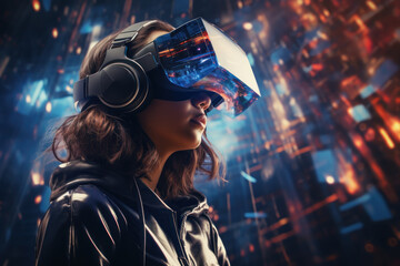 Young woman with VR glasses in cyberspace.